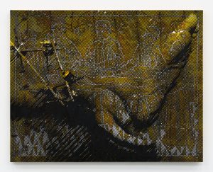 Abstracted yellow paiting of figures standing over a body.