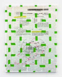 Painting of US patent with green marks across canvas.