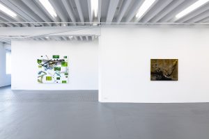 View of two works in gallery.