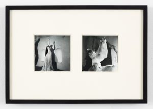 Two images in a sinlge frame of figures posing completly covered in elaborate material.