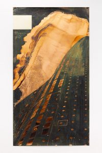 Green patina copper plate with etched surface.