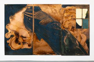 Blue patina copper plates with etching of a capsized boat.