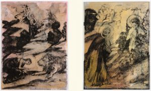 "Two images in black and white with color transparency printed across the surface: the fifth and sixth works of the series. 5. The fifth work is printed in a mixture of pastel orange and light pink. Mary is depicted kneeling infront of a lion and another anonymous figure is shown in the background. 6. The sixth work is printed in gradients of yellow with hints of light green and blue. Mary is portrayed with an anonymous figure who also has a halo around his head. "