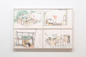 Light wood frame with 4 panels, each panel contains a drawing. Each drawing shows a different view of a room with a person sitting underneath a desk.