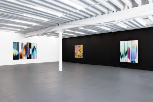 "Gallery view of three works on the walls: Left: white wall with one multicolor scanner work Right: black wall with one purple and yellow duo-tone photograph of a girl (L) and multicolor scanner work (R)"