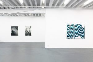 "Gallery view of three photographs on the walls: Two black and white photographs of a nude body on the back wall Abstract scanner work on the front wall "