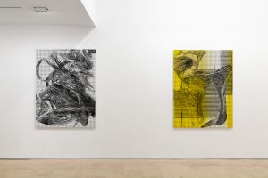 View of two Thompson works, left image is black and white and right image is in yellow and black.