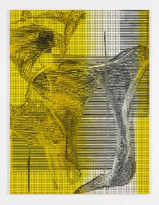 Abstracted image in black and white with yellow gradients across the surface.