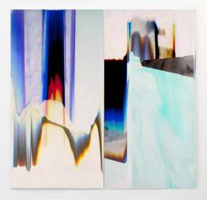Abstract color scans in two parts: studio props (gels, mirrors, screens, plexiglass, fabric, and other flotsam) were moved while scanned to create a colorful "glitch"-like abstract composition