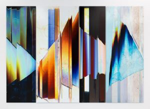 Colorful abstract scanner work in four parts interchanging between black and white blackgrounds from left to right