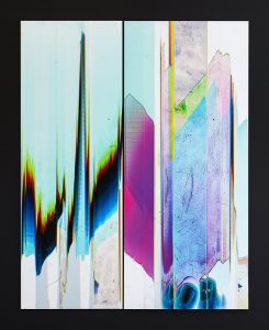 "Abstract scanner work in two parts: Left - fluid composition of light green, red, black, and blue hues Right: colorful rectangular planes overlapping each other with artist's fingertips scanned on bottom in dark blue "