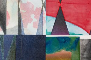 Abstract composition in four parts; each multicolored and geometric composition with spray painted texture