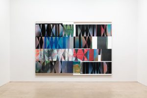 View of a large scale, multicolored abstract composition on the wall