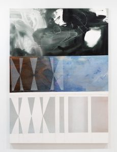 Abstract composition in three parts; dark brushwork on top, red to blue gradient in middle, and white and light gray progression with triangular marks on bottom