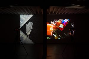 Two photographs of different orientations are projected onto a single wall in a dark exhibition space with a colum separating the two images.The left image has a vertical orientation and is capturing the corners of the street floors. The right image is of a blurry overexposed nighttime photograph that captures a visible street sign in the foreground and spinning light trails in the background.