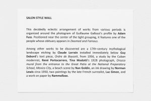 Wall label titled "Salon Style Wall" and reads: "This decidedly eclectic arrangement of works from various periods is organized around the photogram of Guillaume Gallozzi’s profile by Adam Fuss. Positioned near the center of the tight grouping, it features one of the people whose obituary appears in Doomed and Famous. Among other works to be discovered are a 17th–century mythological landscape etching by Claude Lorrain installed immediately below Guy Debord’s text piece, Ordre de Boycott, from 1956, a study by the Cuban modernist, René Portocarrero, Tina Modotti’s 1928 photograph, Orozco mural from the entrance to the Great Patio at the National Preparatory School, Mexico City,a beach scene by Nan Goldin, an ink drawing by Norman Lewiscirca 1950, two paintings by the late French surrealist, Luc Simon, and a work on paper by Rammellzee."