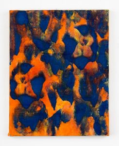 Abstracted landscape composed of saturated blue marks layered with strong hues of orange in between a multicolored background.