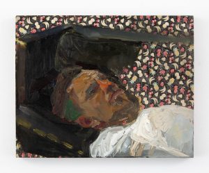 Thickly painted male figure laying in an abstracted black colored coffin that becomes a stretched, faded fabric with colorful fruit prints in the middle of the composition.