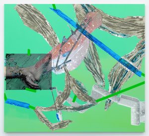 Bright green painting with anatomical and mechanical components in blue and gray hues
