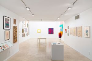 Gallery view of group exhibition "Doomed and Famous" where there are multiple artworks hanged on both the left, middle, and right walls. The artworks are hanged in salon style with tables and pedestals in the middle of the gallery space exhibiting various printed materials.