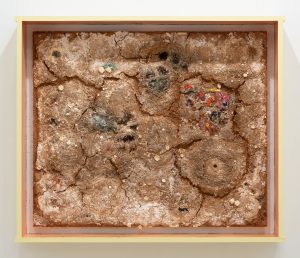 Various colors dispersed on earthy surface inside wooden frame