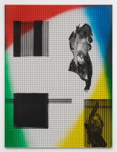 Painting with blue, yellow, green, and red with black marks on a white surface