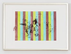 Framed watercolor with brown, light green, and light blue strips and a black ink drawing