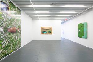 Installation view of the gallery hallway where three works are displayed. Captured in the photo is half of the photographic image titled "Grass-Screen-Skin: New York" on the left wall, one painting titled "Thumb-Eye-Extended 2.0" on the middle wall and another painting titled "signal.noise/membrane" on the right wall down the hallway.
