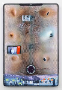 Image of Tishan Hsu's 2021 inkjet work "Watching 2". The piece resembles a smart phone, with multiple cameras or screen windows spread randomly across the surface. The "phone screen" is a distorted, electrical web-like surface with a brownish blue glow. There is a circular item that sits towards the bottom of the composition in the shape of a camera. The position of the circular item also acts like the home button of the screen with a warped photograph beneath it.