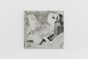 An owl peers outward offset in a soft grey composition.