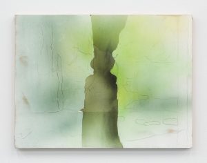 Light green and blue composition crisscrossed with grey lines and bisected by a dark green chasm.