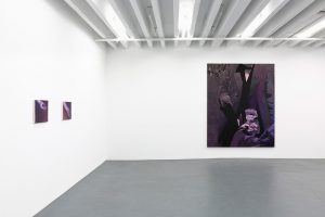 Gallery view small purple diptych on left, large figurative painting straight ahead.
