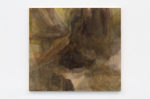 Beaux Mendes' painting, Untitled. Muted tones of browns and greens overlay each other to create an abstracted image.